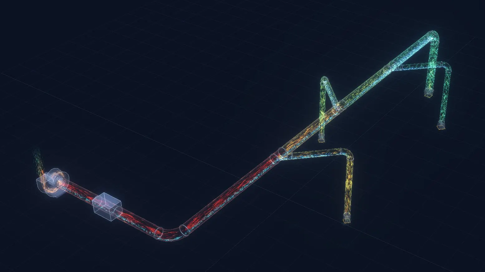 Vista 3D de la red de aspiración inicial con el serrín depositándose en los tramos horizontales