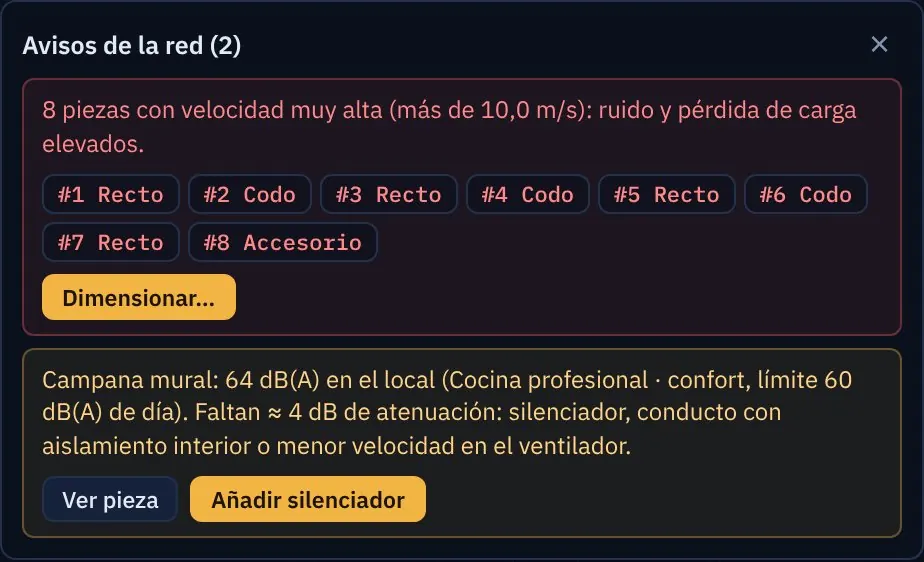 Panel de avisos de Vortia 3D en la cocina: velocidad muy alta en el conducto y ruido en la cocina