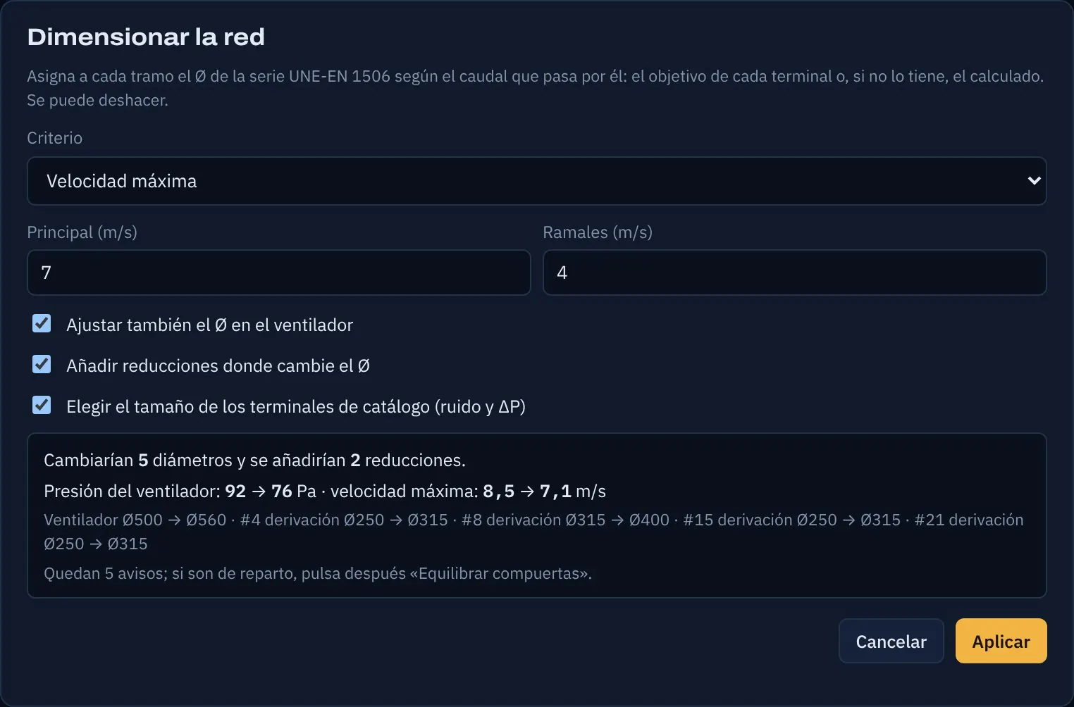 Diálogo «Dimensionar la red» de Vortia 3D con 5 cambios de diámetro y la presión de 92 a 76 Pa