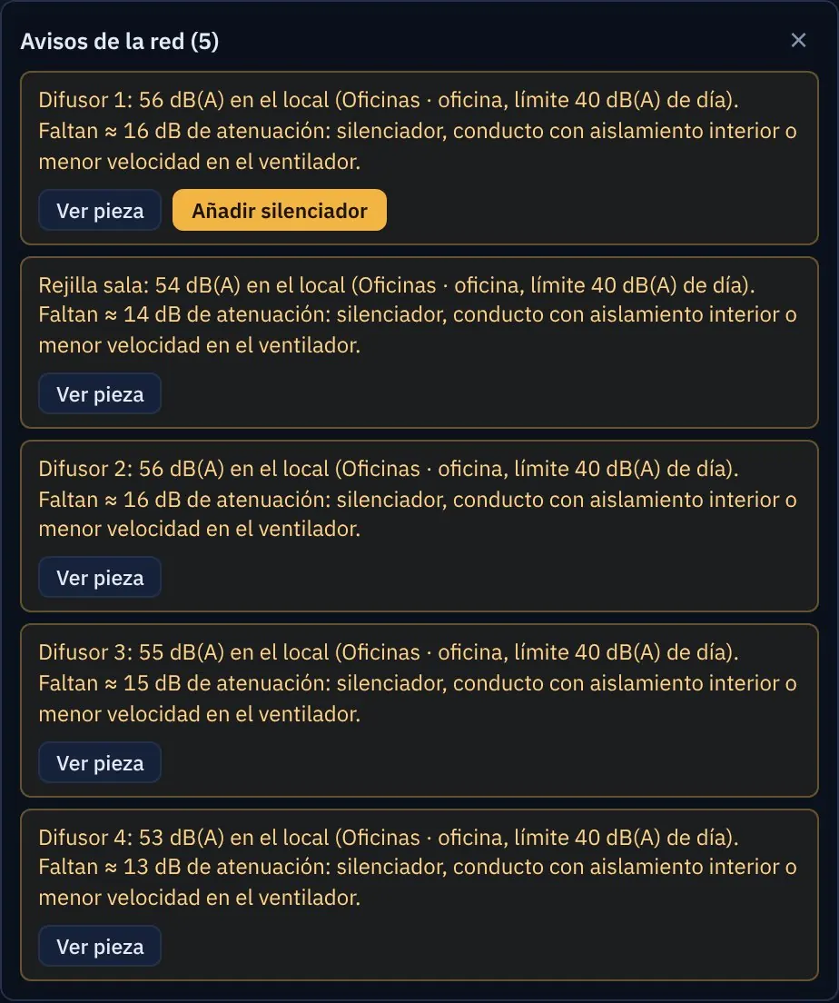 Panel de avisos de Vortia 3D con los cinco avisos de ruido y el botón «Añadir silenciador»